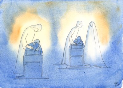 Cristo e sua mãe ficam satisfeitos sempre que nos dirigimos a eles com a simplicidade e a confiança de uma criança, 2003 (w - c no papel) de Elizabeth Wang