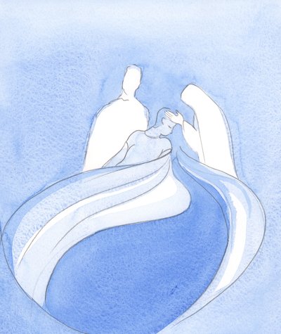 Cristo e Nossa Senhora são como Assistentes Celestiais, ajudando-nos enquanto algo maravilhoso está nascendo da turbulência espiritual e da perseverança, 2002 (w - c no papel) de Elizabeth Wang