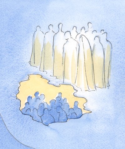 Cristo e os seus santos no céu olham com grande ternura para os seus amigos terrestres que meditam na sua Paixão, 2002 (w - c no papel) de Elizabeth Wang