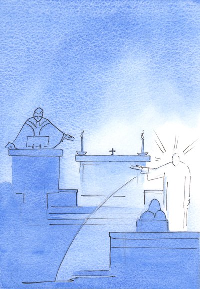 Cristo apareceu diante de mim, com o braço levantado para indicar o púlpito onde, ele me disse, a verdade é falada sobre Deus e o Homem, 2003 (w - c no papel) de Elizabeth Wang