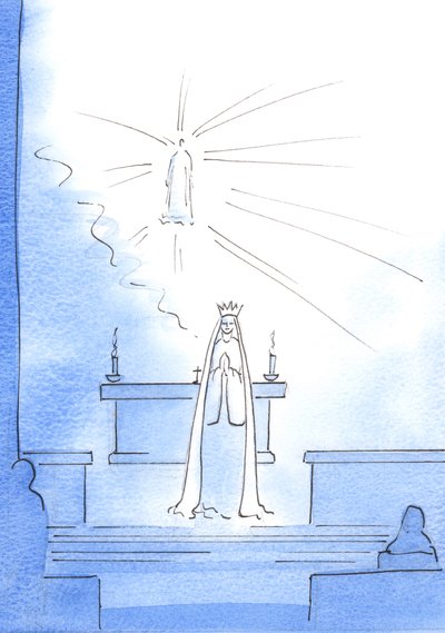 Cristo apareceu, no alto do santuário, e enviou Sua Mãe, para me dar algumas Boas Novas. &39;Nossa Senhora do Resgate&39; estava diante de mim, com uma coroa na cabeça, 2003 (w - c no papel) de Elizabeth Wang