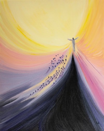 Cristo vem do coração do Pai e nos leva de volta ao abraço Divino, 2001 (óleo a bordo) de Elizabeth Wang