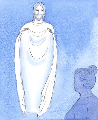 Cristo nos conforta e tranquiliza, como uma mãe tranquilizando seus filhos quando eles estão preocupados ou angustiados, 2004 (w - c no papel) de Elizabeth Wang