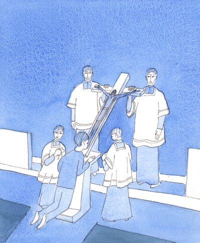 Cristo é tocado no coração por cada sinal de devoção a Ele em Sua Paixão - que Ele suportou por amor a todos nós, 2004 (w - c no papel) de Elizabeth Wang