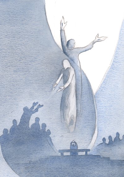 Cristo é verdadeiramente um conosco, por Sua carne e sangue, e também um com o Pai (a quem Ele nos atrai) por causa de Sua divindade., 2000 (w - c no papel) de Elizabeth Wang