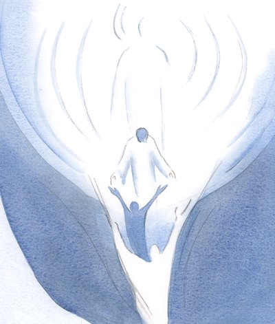 Cristo se inclina do céu e nos atrai, com o poder do Espírito Santo, ao coração de Deus, 2001 (w - c no papel) de Elizabeth Wang