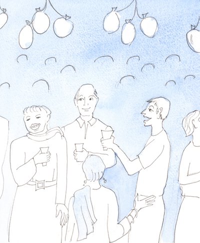 Cristo olha com alegria quando celebramos a vida ou as boas novas partilhando comida e bebida com os amigos, numa festa, em genuíno deleite mútuo, com o desejo de dar alegria e de confortar os corações cansados. Heave de Elizabeth Wang