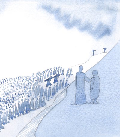 Cristo olha com ternura para a nossa lembrança de Sua sagrada Paixão. Ele ama a nossa devoção e vê como avançamos em humildade., 2000 (w - c no papel) de Elizabeth Wang