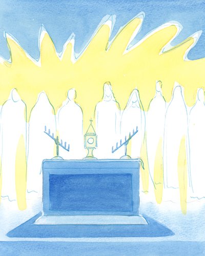 Cristo ama trazer a Seus amigos revigoramento e nova coragem por meio de Sua presença real no Santíssimo Sacramento, 2003 (w - c no papel) de Elizabeth Wang