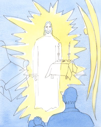 Cristo, nosso Deus, que reina na glória eterna, está realmente presente no Santíssimo Sacramento na igreja e nas casas dos enfermos que recebem a Sagrada Comunhão, 2004 (w - c no papel) de Elizabeth Wang