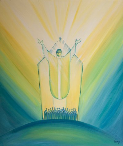 Cristo, nosso Sumo Sacerdote, reza conosco e por nós na missa de 2001 (óleo a bordo) de Elizabeth Wang