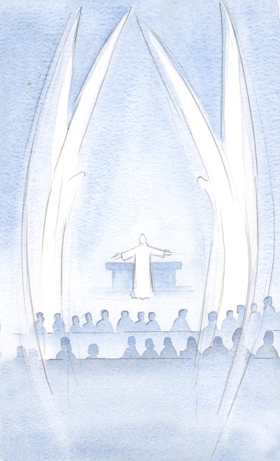 Cristo nosso Senhor Ressuscitado esteve presente somos nós, em Sua glória e poder, guardados por Seus Santos Anjos, 2000 (w - c no papel) de Elizabeth Wang