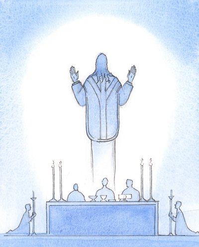 Cristo nosso Senhor ressuscitado esteve presente sobre o altar, como se subisse do túmulo, com as mãos levantadas ao Pai, intercedendo por nós que cremos Nele, nosso Sumo Sacerdote., 2003 (c - c no papel) de Elizabeth Wang