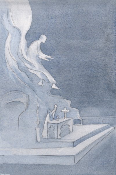 Cristo &39;reencontra-se&39; com os seus amigos, cada vez que a Santa Igreja o chama na missa, através da recitação solene das suas próprias palavras., 2001 (w - c no papel) de Elizabeth Wang