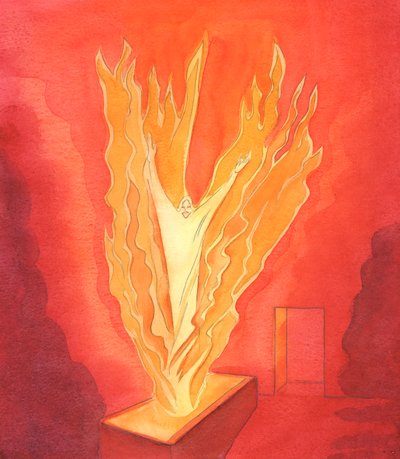 Cristo ressuscitou do túmulo em glória na Páscoa, transformado, como se em um fogo ardente da caridade, quando o Espírito Santo o libertou da escravidão da morte, 2003 (w - c no papel) de Elizabeth Wang