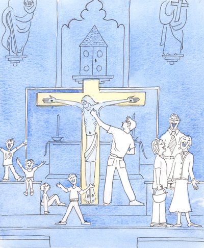 Cristo vê nosso comportamento na igreja - alguns comportamentos ruins devido à ignorância, alguns devido a descuido ou falta de amor por Ele, 2002 (w - c no papel) de Elizabeth Wang