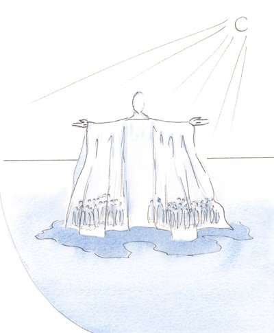 Cristo protege e age por todos os que se esconderam sob Suas vestes; Ele é como uma tenda ou tabernáculo, no deserto da vida., 2001 (w - c no papel) de Elizabeth Wang