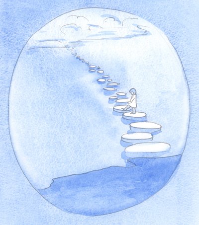 Cristo me mostrou o caminho simples: pela fé e pela confiança nEle estou abrindo meu caminho para a eternidade, como uma criança que caminha sobre pedras, 2001 (a - c no papel) de Elizabeth Wang