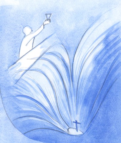 Cristo falou com grande coragem, aos seus apóstolos, segurando o cálice do seu sangue, e já vendo o seu &39;poço&39; de sofrimento, 2001 (w - c no papel) de Elizabeth Wang