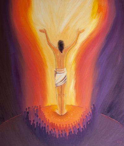 Cristo está entre nós na missa e ora pelos pecadores oferecendo Seu sacrifício de uma vez por todas, 2000 (óleo a bordo) de Elizabeth Wang