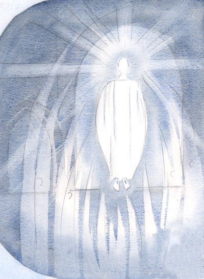 Cristo estava diante do tabernáculo, rodeado por anjos adoradores., 2000 (w - c no papel) de Elizabeth Wang