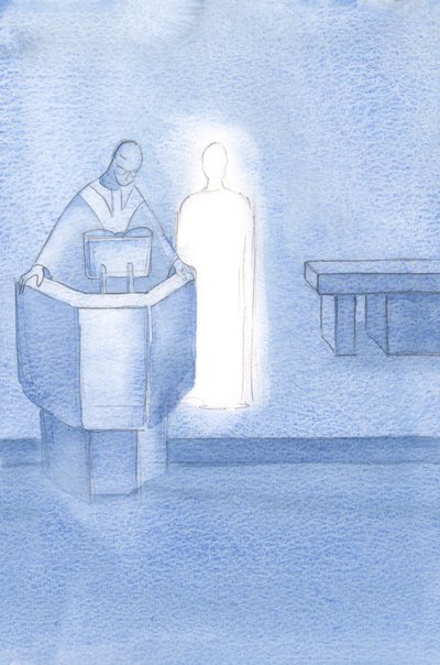 Cristo ficou ao lado do sacerdote que lia o Santo Evangelho para todos nós, que era a própria palavra de Cristo., 2000 (w - c no papel) de Elizabeth Wang
