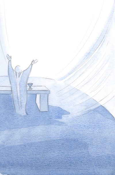 Cristo sustenta Sua Santa Igreja em cada momento de sua vida, com os braços estendidos enquanto oferece Seu Santo Sacrifício., 2001 (w - c no papel) de Elizabeth Wang