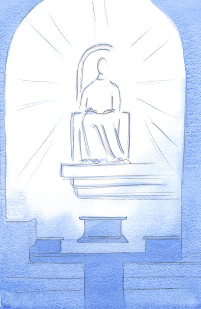 Cristo estava sentado em um trono celestial, dentro de nosso Santuário. Cristo nosso Deus é digno dos sofrimentos que suportamos por amor a Ele, 2002 (w - c no papel) de Elizabeth Wang