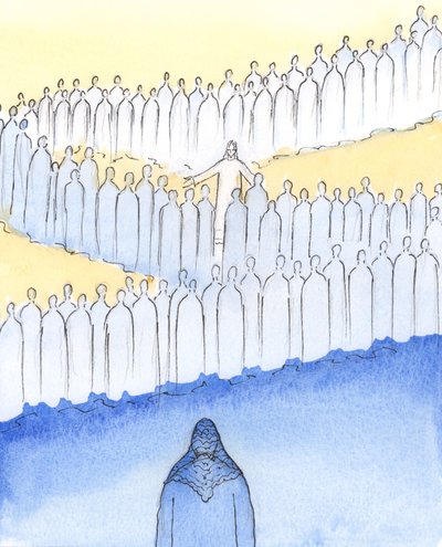 Cristo caminhava entre Seus Santos no Céu, prestando atenção pessoal a cada um deles, com olhares e gestos amorosos, 2003 (w - c no papel) de Elizabeth Wang