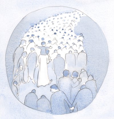 Cristo caminhava no meio do Seu povo, uma criança em Seus ombros, com os peregrinos e enfermos., 2001 (w - c no papel) de Elizabeth Wang