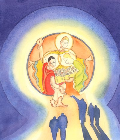 Cristo acolhe a alma contrita e solícita no coração da Santíssima Trindade. “Quem se esconde nele não será condenado” (Sl 33), 2001 (w - c no papel) de Elizabeth Wang