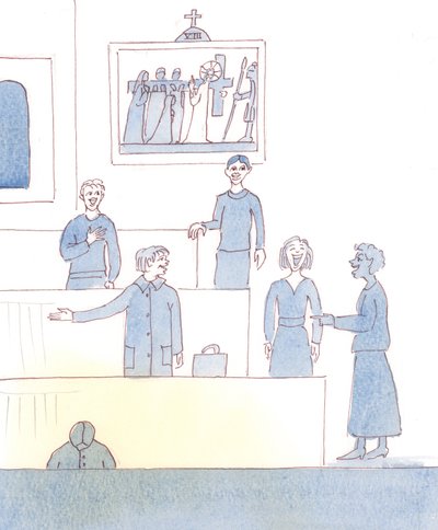 Cristo deseja que mais católicos se preocupem com a sua honra e tratem a sua "casa de oração" como um lugar sagrado e não como um mercado ou um bar, com conversa fiada e pouca oração, 2005 (aguarela sobre papel) de Elizabeth Wang
