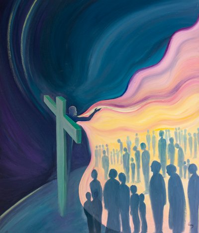 A divina compaixão de Cristo na cruz encobre os pecados de toda a raça humana, 2001 (óleo a bordo) de Elizabeth Wang