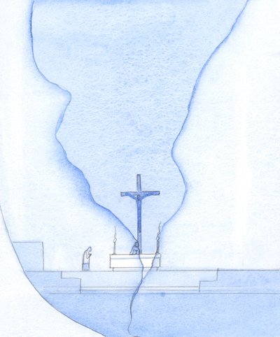 Durante a Santa Missa, foi como se uma fenda aparecesse do outro lado do santuário, através da qual vi Cristo na cruz, 2002 (w - c no papel) de Elizabeth Wang