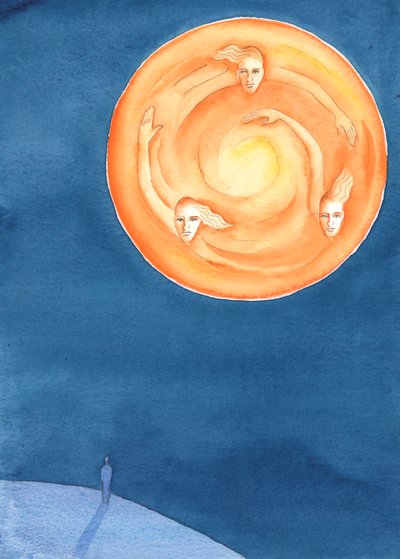 Cada pessoa na terra, marcada pelo pecado original, é convidada a compartilhar a vida das Três Pessoas Divinas, Um Deus, que vivem em infinita alegria e esplendor, 2003 (w - c no papel) de Elizabeth Wang