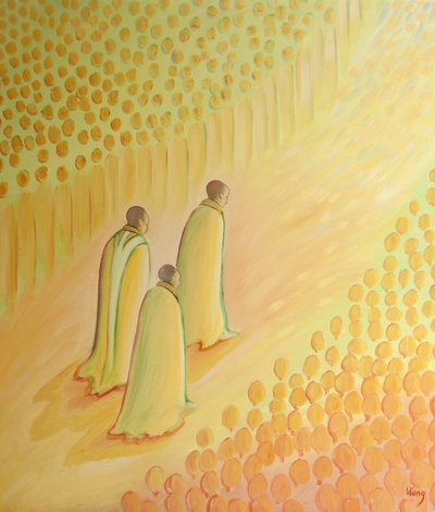 Os padres fiéis que entram no Céu recebem uma saudação tremenda e são homenageados como &39;outros Cristos&39; depois de seu trabalho na terra, 2001 (óleo a bordo) de Elizabeth Wang