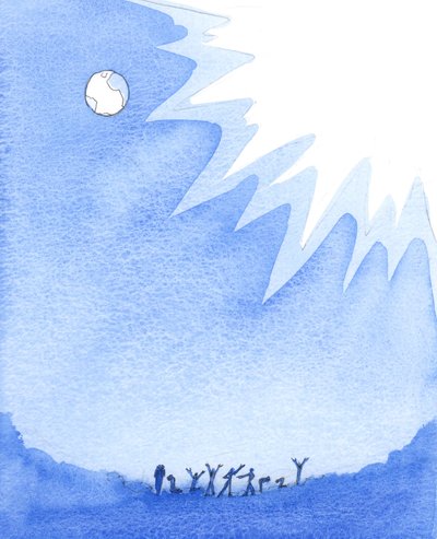 Muito "abaixo" do Céu e da Terra existe um estado de quase escuridão onde as almas rebeldes e impenitentes se encontram - através das suas próprias escolhas - completamente sem alegria, esperança ou beleza, 2005 (aguarela sobre papel) de Elizabeth Wang