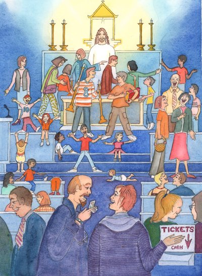 Do tabernáculo, Cristo olha com tristeza, ao ver a Sua sagrada &39;casa de oração&39; tratada como um mercado, 2002 (w - c no papel) de Elizabeth Wang