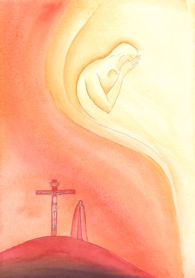 Deus não "gosta" de nos ver sofrer, tal como Deus Pai não gostou de ver o seu Filho sofrer na terra, 2004 (aguarela sobre papel) de Elizabeth Wang