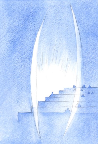 Deus guarda a alma. Ele guarda dignamente a alma que recebe a Cristo na Sagrada Comunhão. Santos Anjos estão ao nosso lado, em silêncio reverente, 2002 (w - c no papel) de Elizabeth Wang