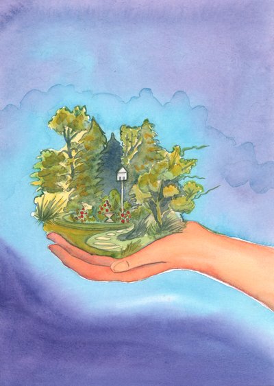 Deus fez o mundo e deu vida a tudo que vive, e Ele se deleita em nosso deleite na beleza que nos rodeia, que tem sua fonte Nele, 2002 (w - c no papel) de Elizabeth Wang