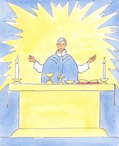Deus recebe a maior honra quando o desejo supremo do sacerdote na missa é dar-lhe glória através de uma oferta reverente do Santo Sacrifício, 2004 (w - c no papel) de Elizabeth Wang