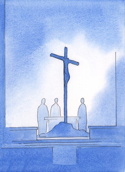 Deus me mostrou que nossos três sacerdotes que ofereceram o Santo Sacrifício estavam de pé ao redor da cruz na qual Cristo morreu, 2002 (w - c no papel) de Elizabeth Wang