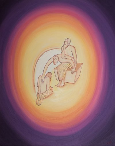 Deus Pai, ciente do terrível custo da Encarnação, estende a mão, por meio de Seu Espírito Santo, a Seu Filho Amado, que de bom grado concorda em vir à terra para nossa salvação, 2003 (óleo a bordo) de Elizabeth Wang