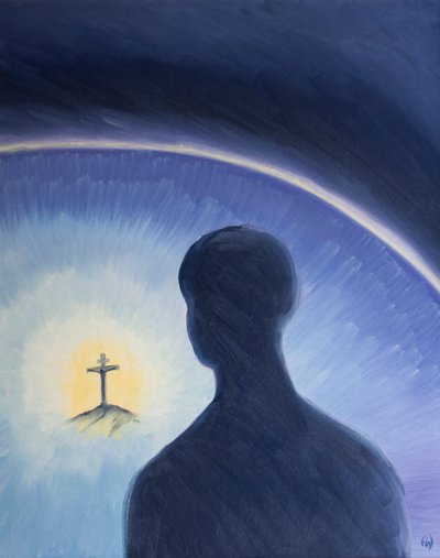 Deus, o Pai, olha para baixo com amor e admiração quando Cristo sofreu voluntariamente para cumprir Seu plano para salvar pecadores, 2003 (óleo a bordo) de Elizabeth Wang