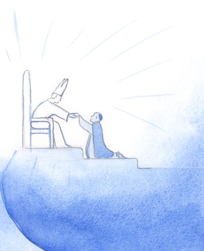 Deus Pai, &39;sentado&39; entronizado no Céu, saúda com alegria cada sacerdote fiel que guardava Seu rebanho na terra, 2002 (w - c no papel) de Elizabeth Wang