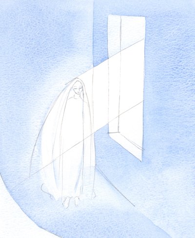 Deus, pela ação do Seu Espírito Santo, fez com que o Verbo entrasse na vida de Maria, por seu consentimento, e se encarnasse em seu ventre., 2001 (w - c no papel) de Elizabeth Wang