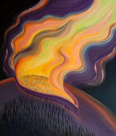 O Reino de Deus toca a terra sempre que uma alma entrega sua vida por Seu trabalho e glória, 2001 (óleo a bordo) de Elizabeth Wang