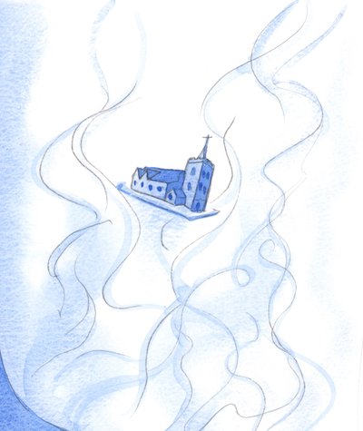 A santidade de Deus é tão grande que - tudo de uma vez - enche nossa igreja, mas também mantém todo o edifício em luz invisível e fogo, 2002 (w - c no papel) de Elizabeth Wang