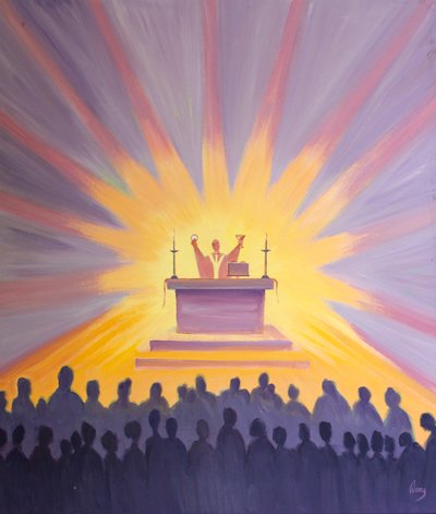 A luz e a sabedoria de Deus derramam sobre aqueles reunidos em torno do Corpo e Sangue de Cristo na missa de 2000 (óleo a bordo) de Elizabeth Wang